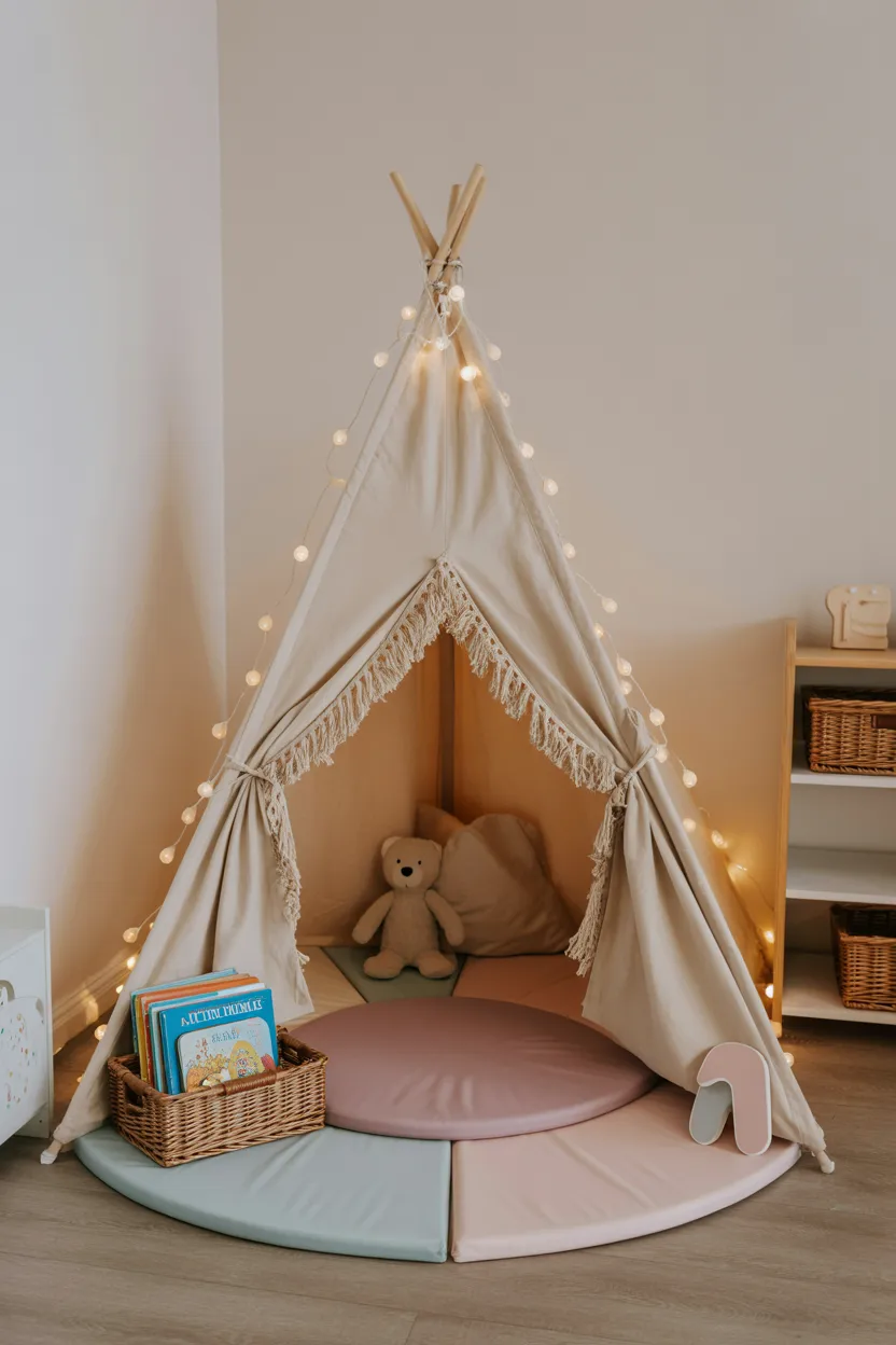  Kids' Reading Nook With Teepee Tent and Fairy Light Canopy