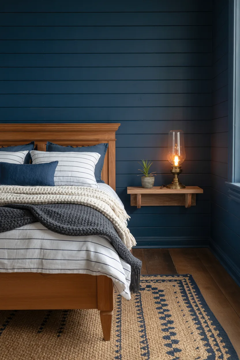 Farmhouse Bedroom in Deep Navy With Warm Timber Accents