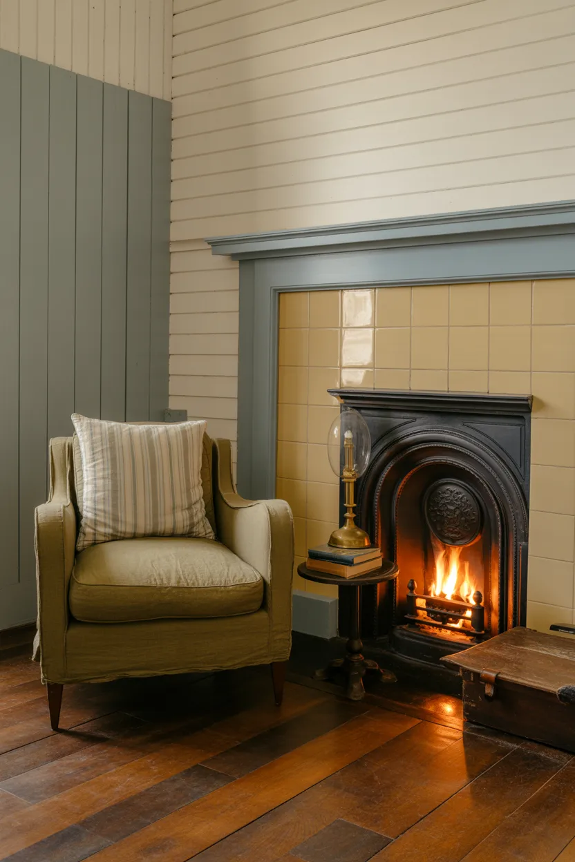 Cozy Farmhouse Bedroom With Fireplace and Armchair Reading Corner