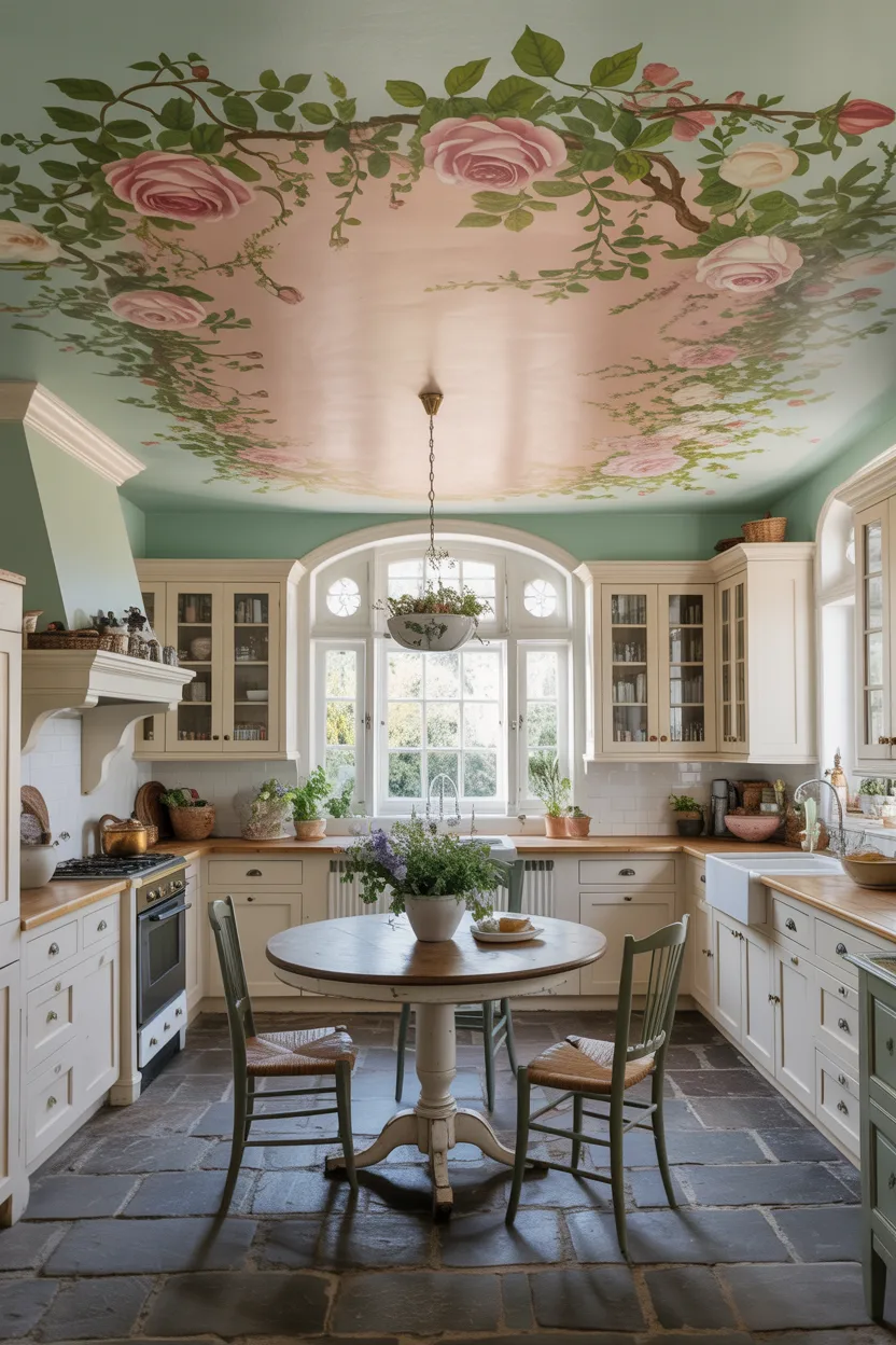 Painted Botanical Ceiling in Cottage Kitchen Cottage Kitchen Ideas 