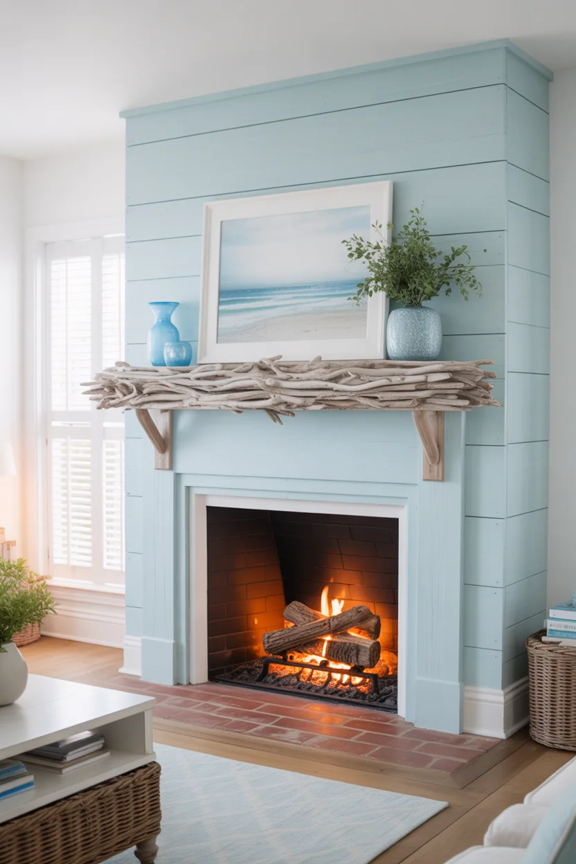 Pale Blue Coastal Fireplace with Driftwood Mantel