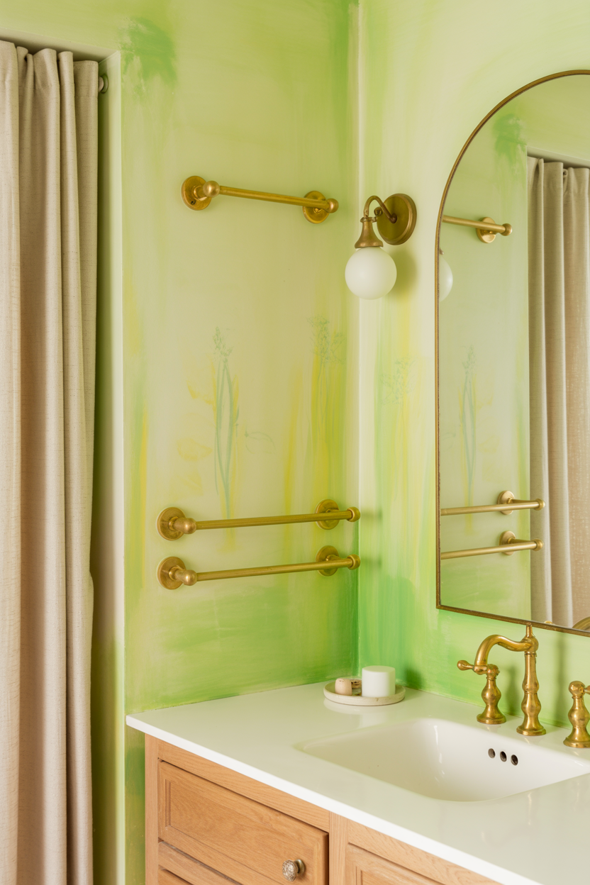 Pale Green Bathroom With Warm Brass