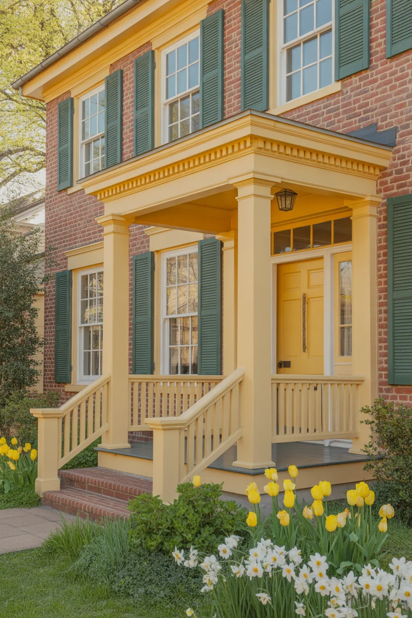 Pale Yellow Trim With White Accents and Green Shutters