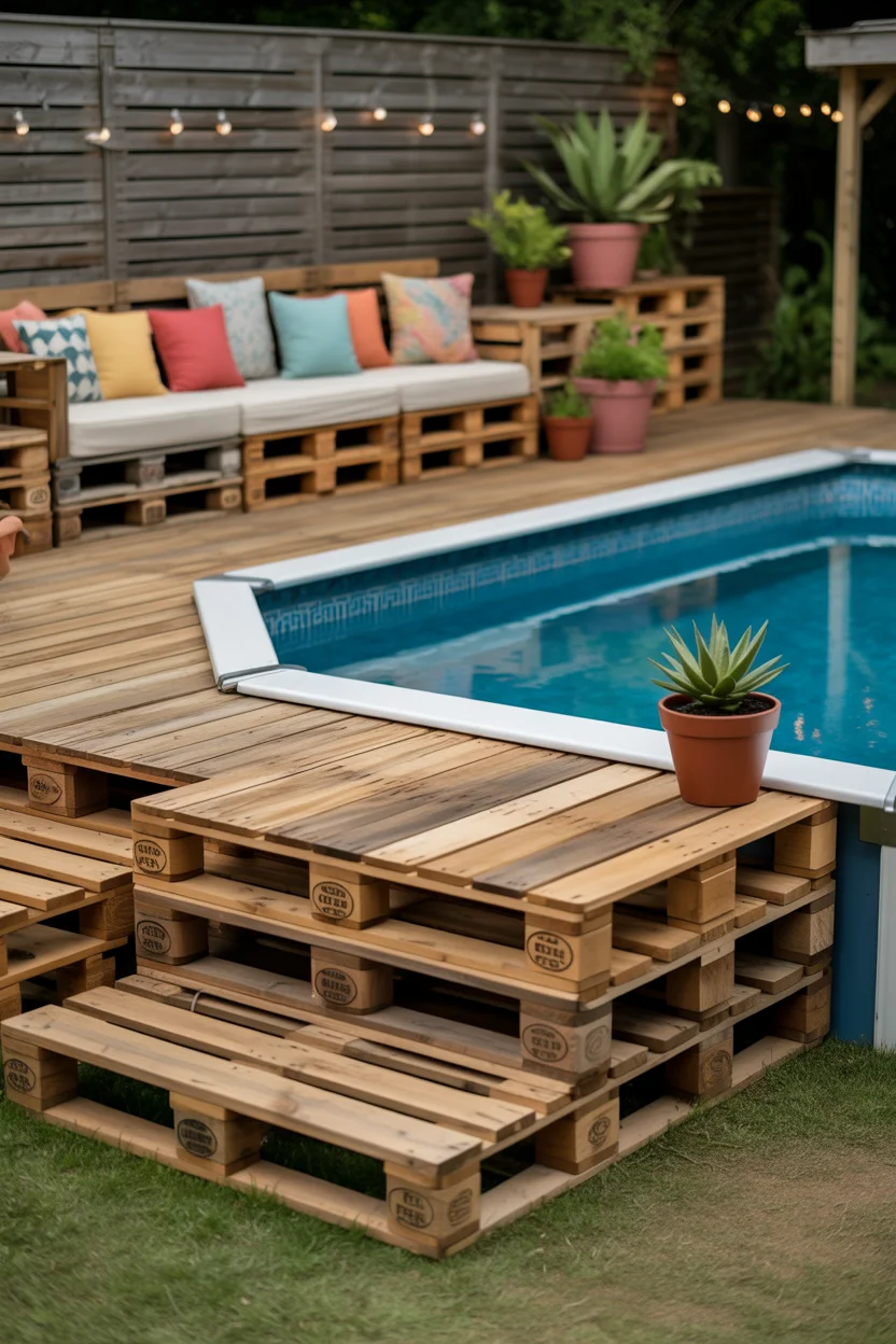 Pallet Wood Deck With DIY Pool Surround