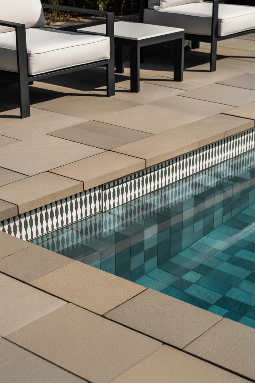 Pavers Coping With Geometric Waterline Tile