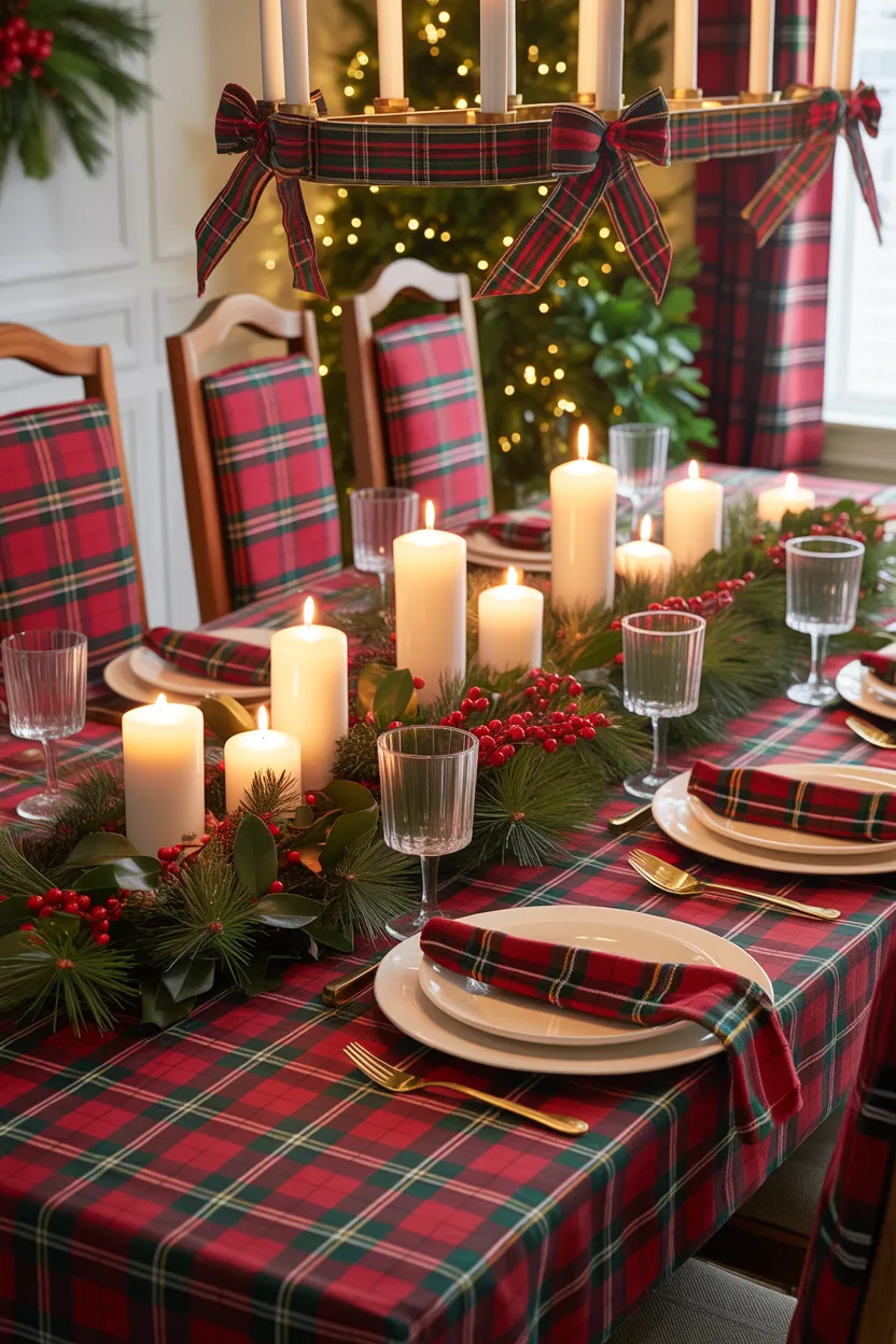 Plaid Christmas Dining Room With Candlelight
