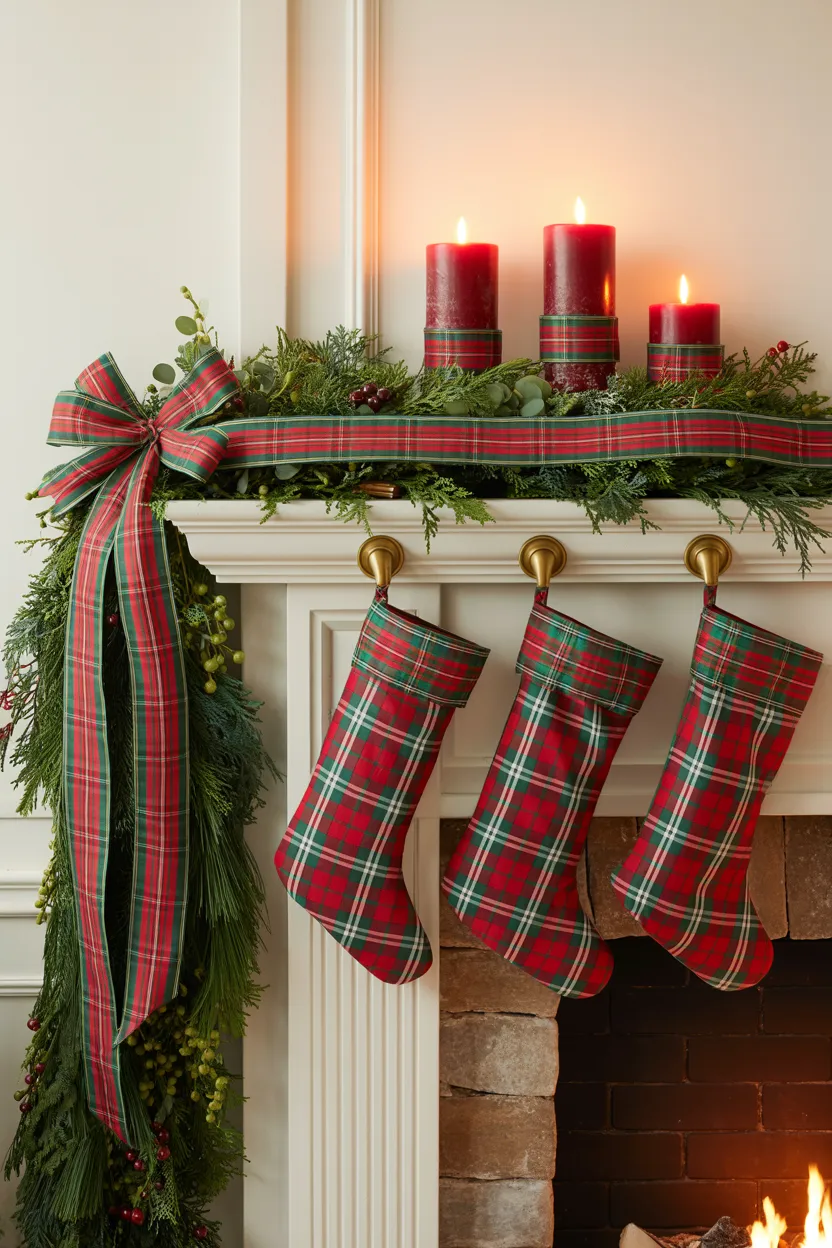Plaid Christmas Fireplace Mantel Styling