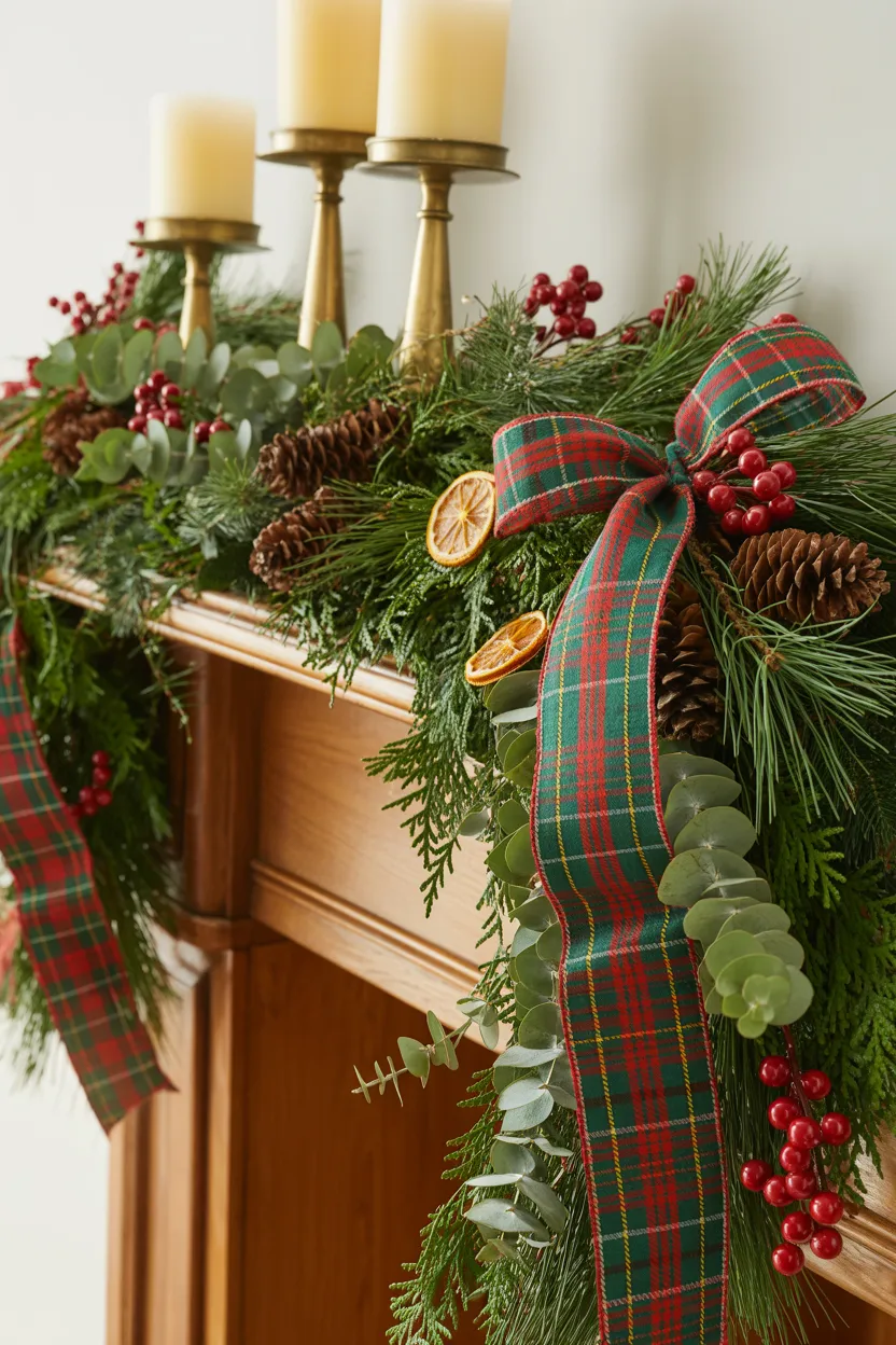 Plaid Christmas Garland With Pinecones and Berries