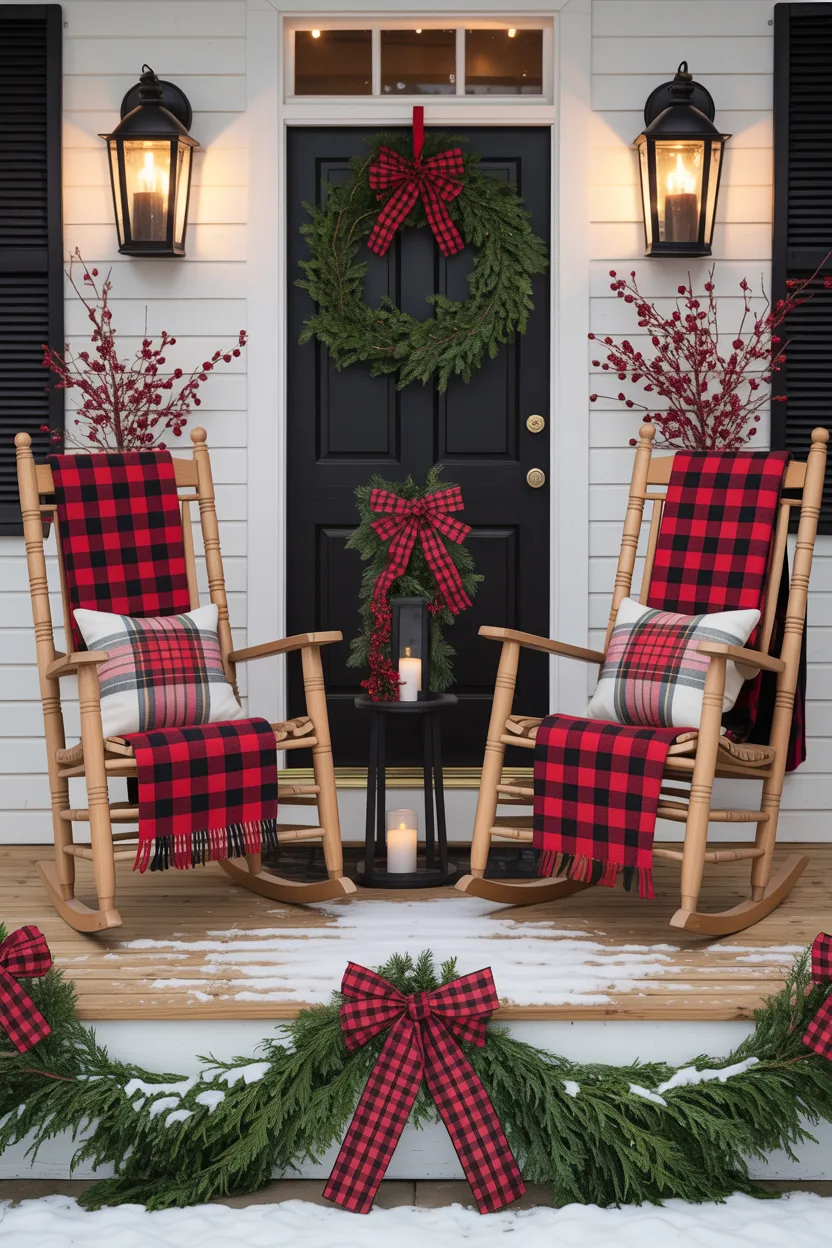 Plaid Christmas Porch With Rocking Chairs