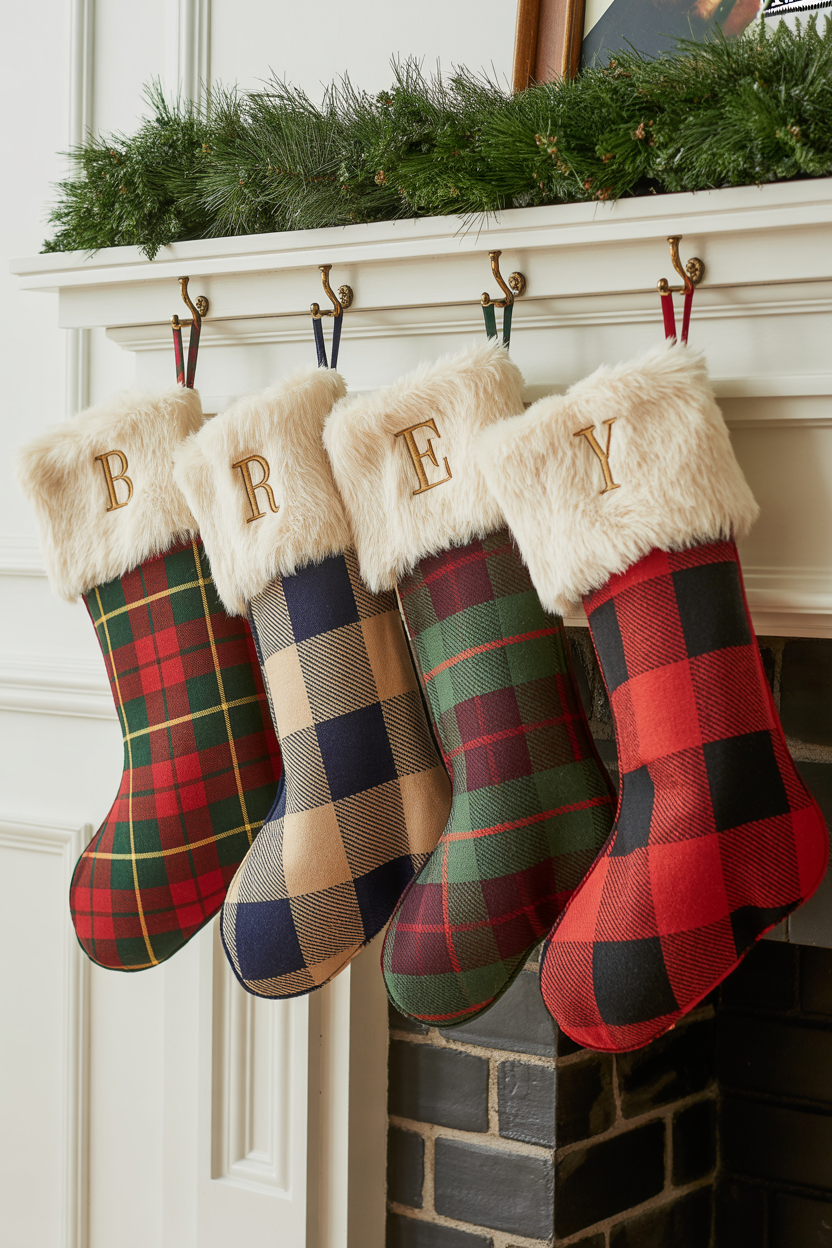 Plaid Christmas Stocking Display With Monograms