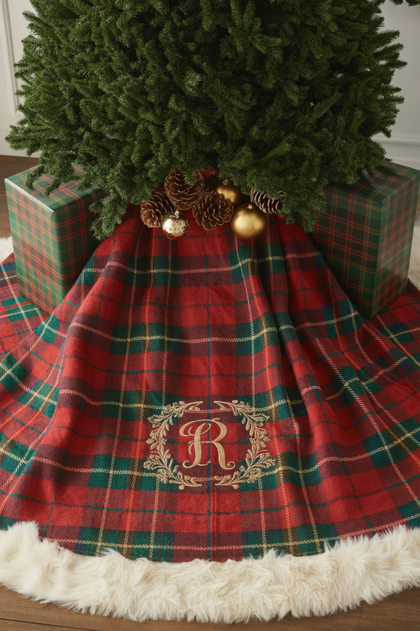 Plaid Christmas Tree Skirt With Monogram