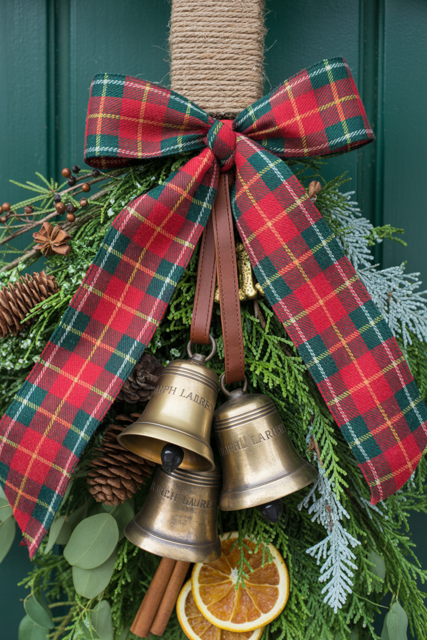 Plaid Ribbon and Brass Bell Door Swag