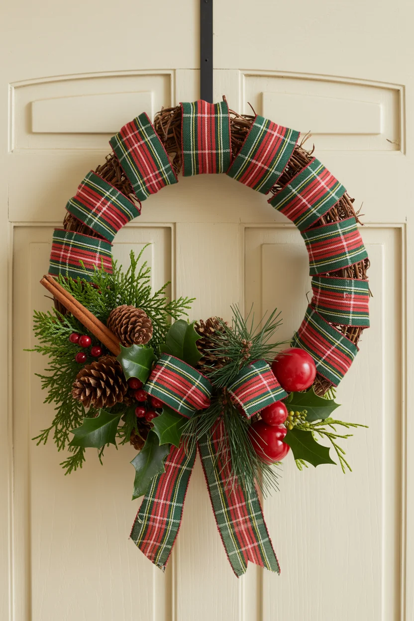 Plaid Ribbon and Pine Cone Farmhouse Wreath