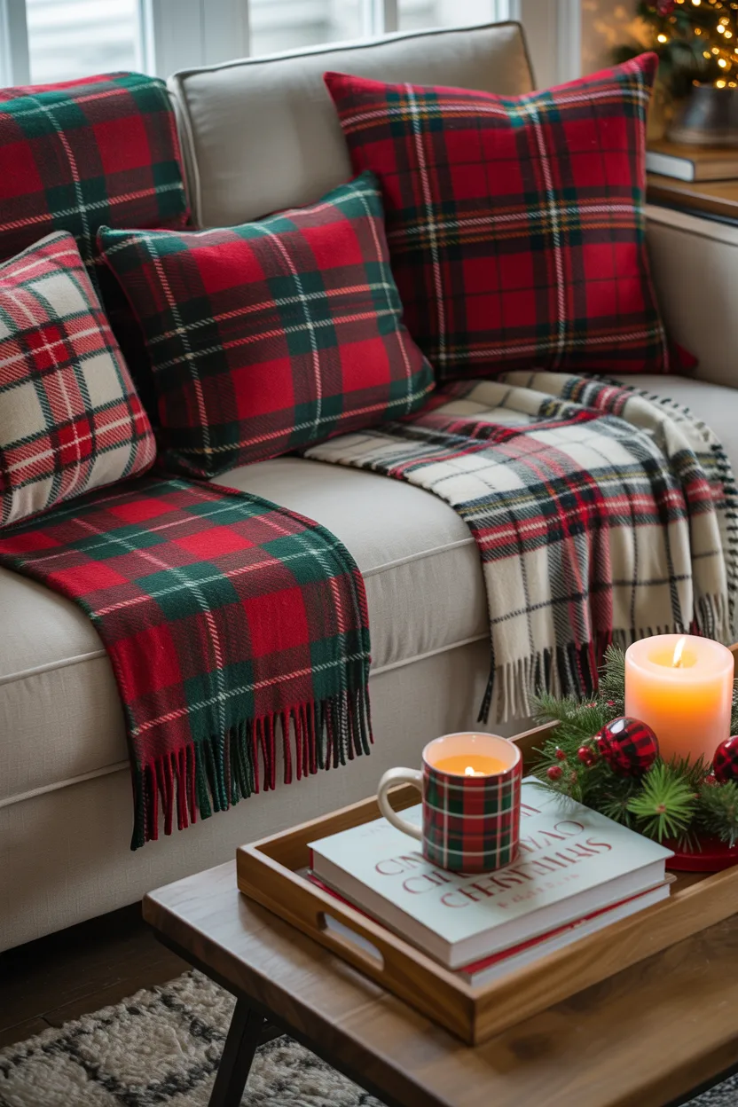 Plaid Throw Blanket Layered Sofa