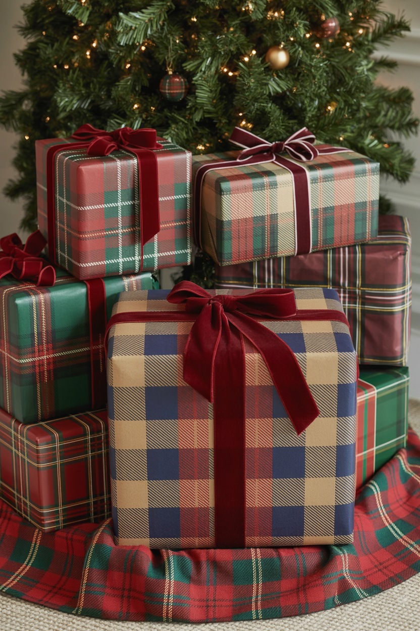 Plaid Wrapped Christmas Gifts Beneath the Tree