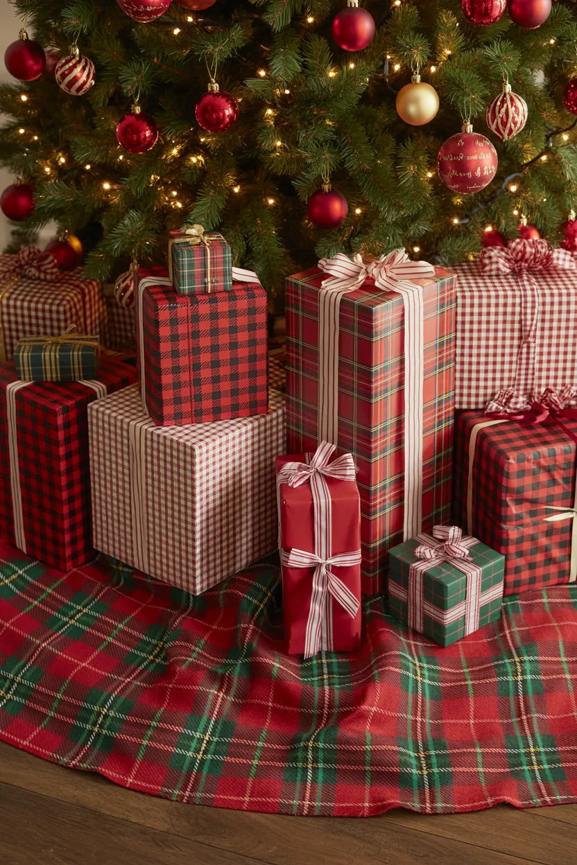Plaid Wrapped Christmas Tree Skirt and Gifts