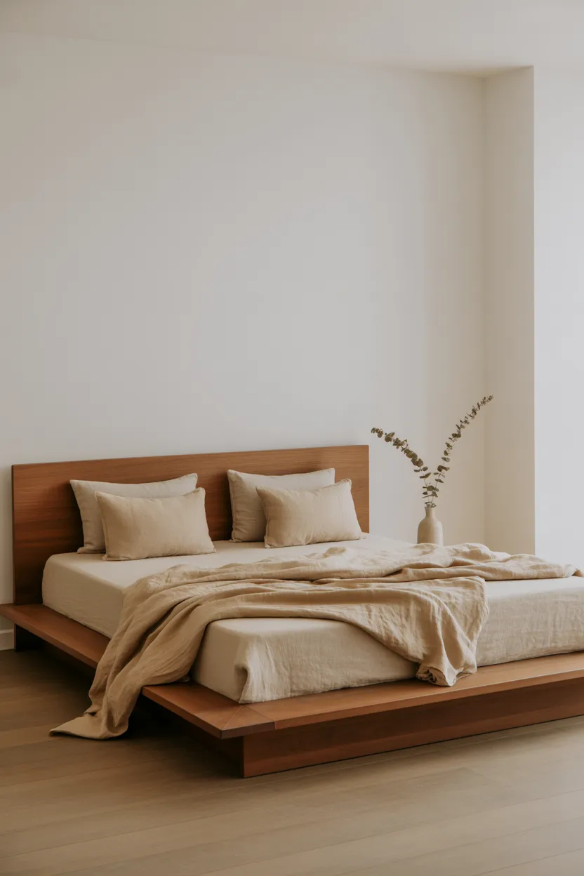 Platform Bed With Natural Linen Bedding
