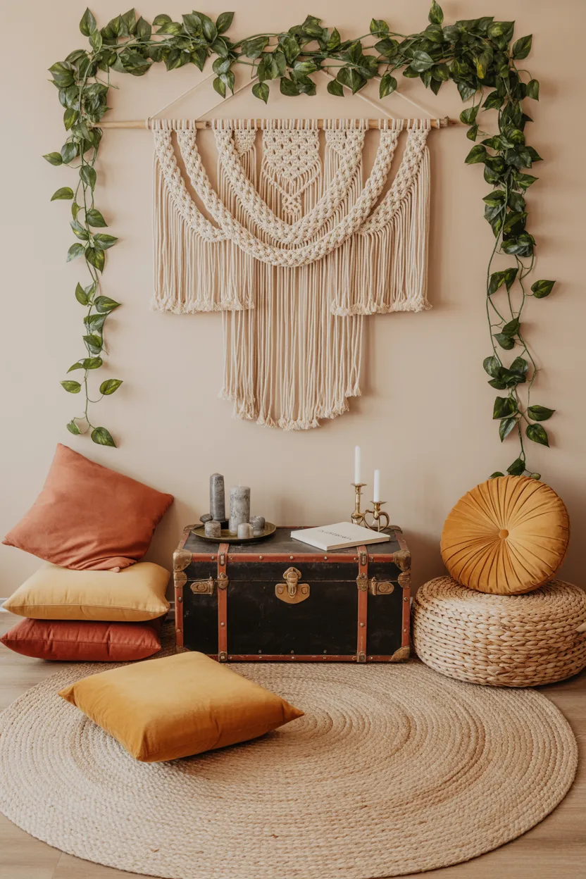 Boho Reading Nook With Macramé Wall Hanging and Floor Pillows