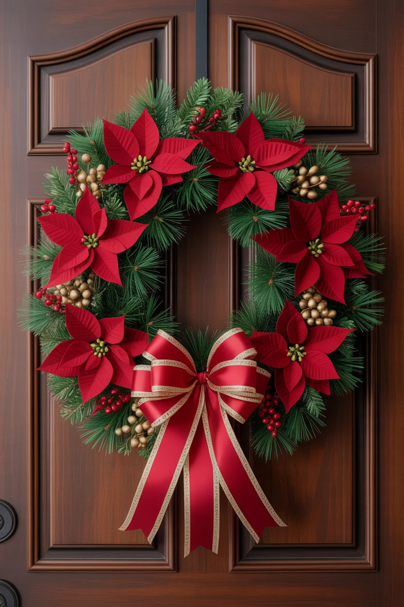 15. Poinsettia and Pine Christmas Wreath