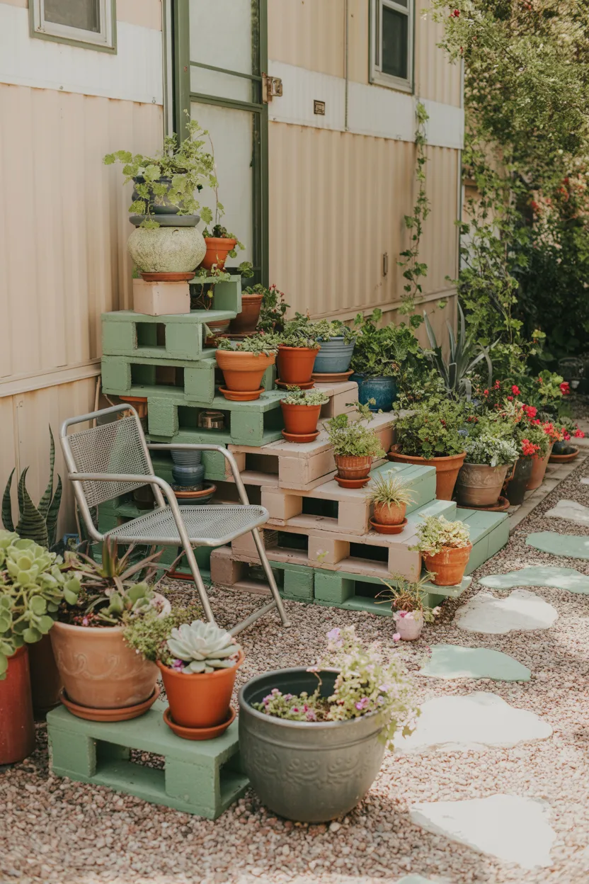 Container Garden Patio With Mismatched Pots and Painted Cinder Blocks