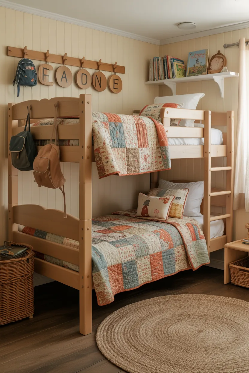 Farmhouse Kids Bedroom With Bunk Beds and Patchwork Quilts