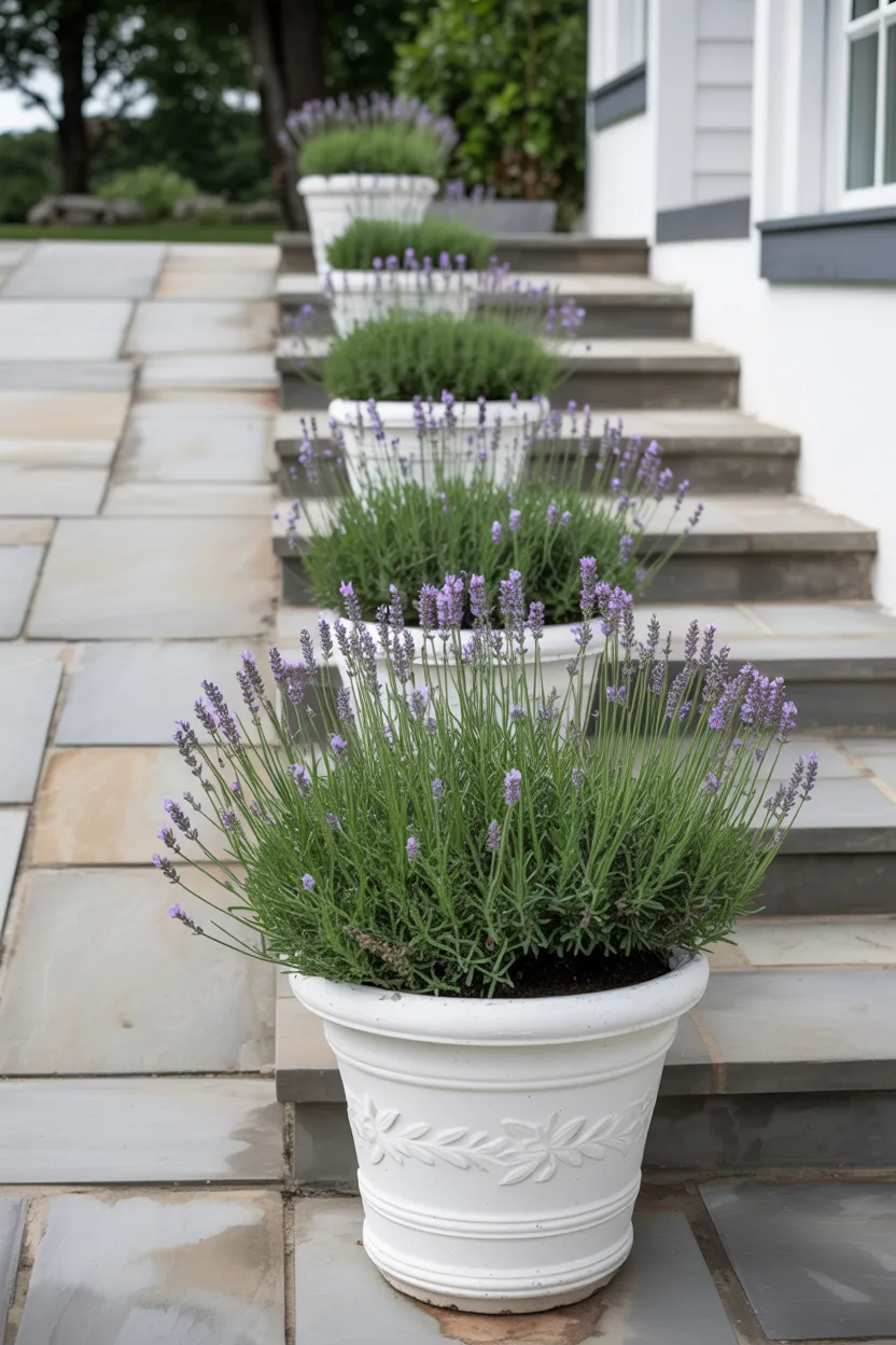 Lavender Pot Lining the Porch Steps