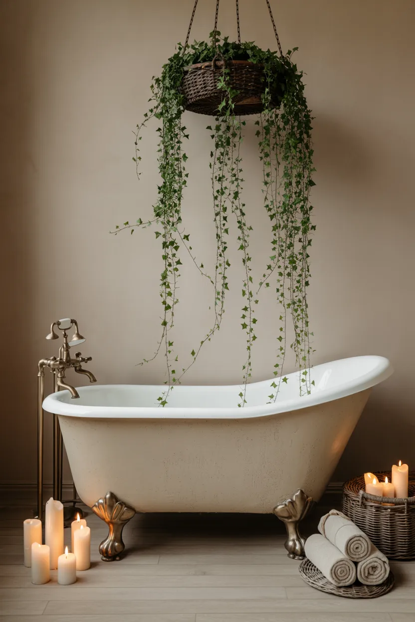 Boho Bathroom Ideas Freestanding Clawfoot Tub With Trailing Ivy and Candlelight
