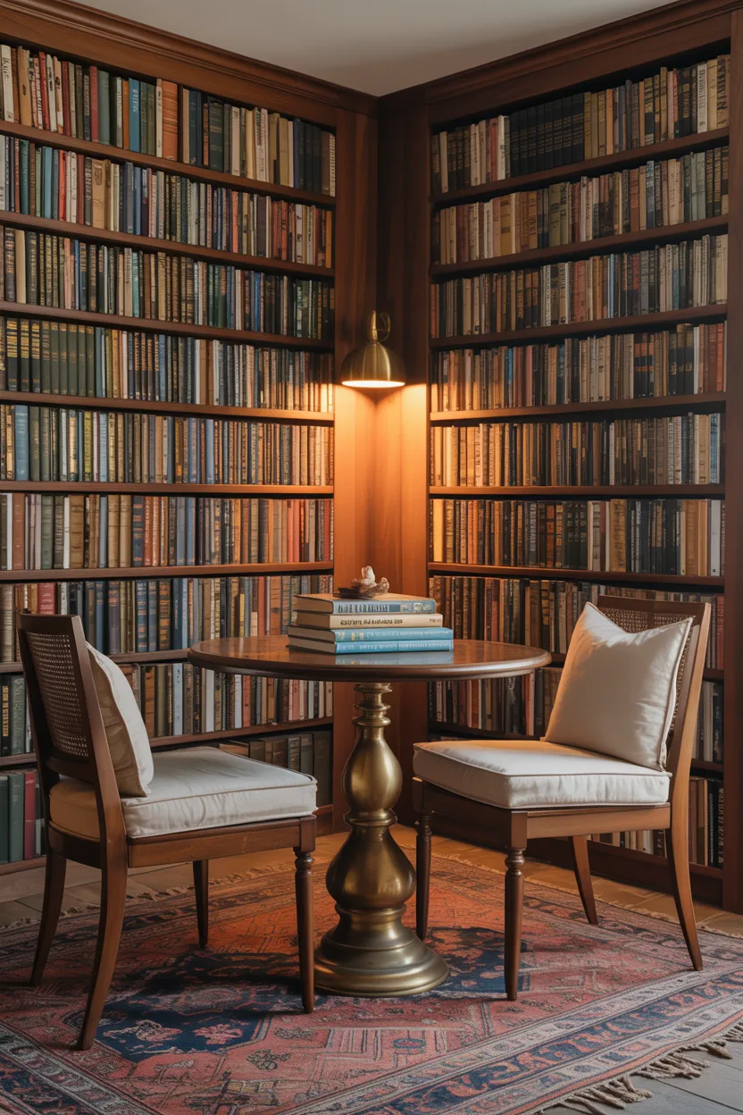 Reading-Nook-Style Dining Corner With Floor-to-Ceiling Bookshelf