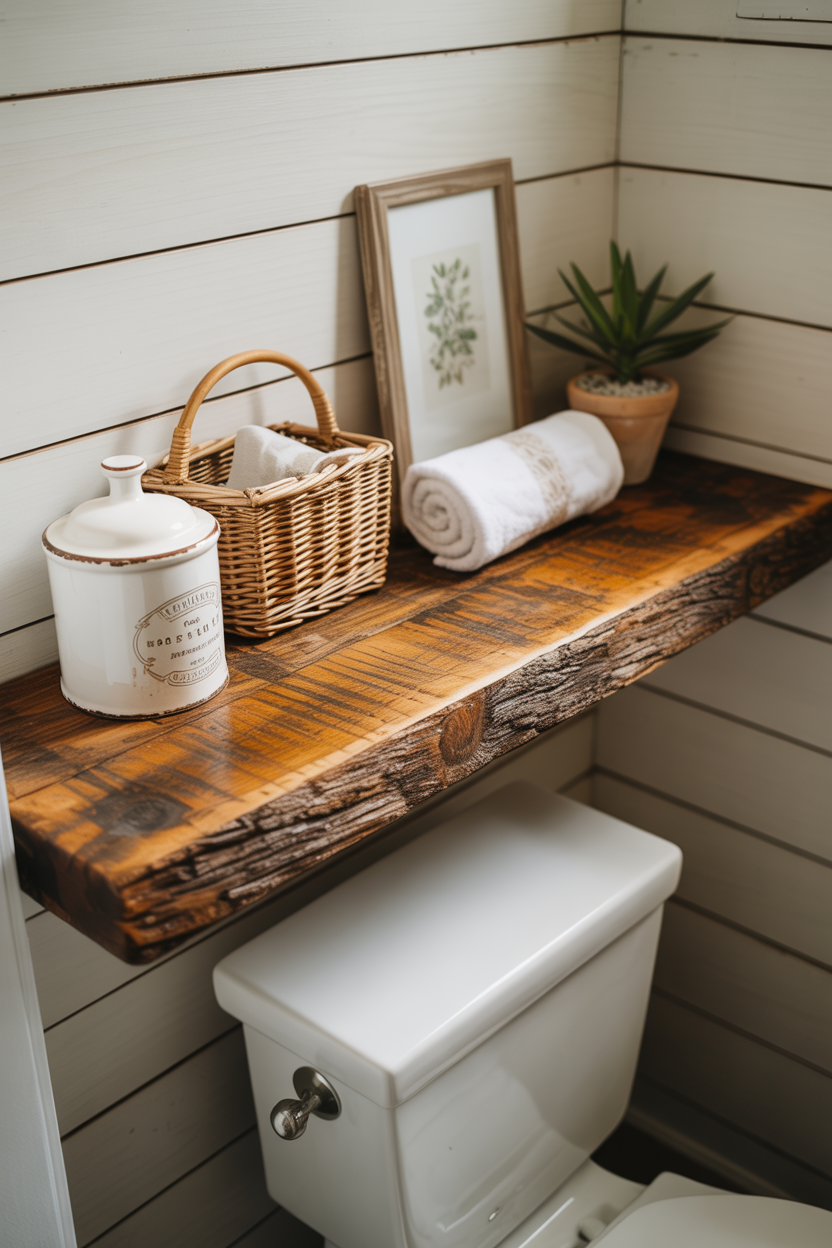 Reclaimed Wood Floating Shelf Above Toilet