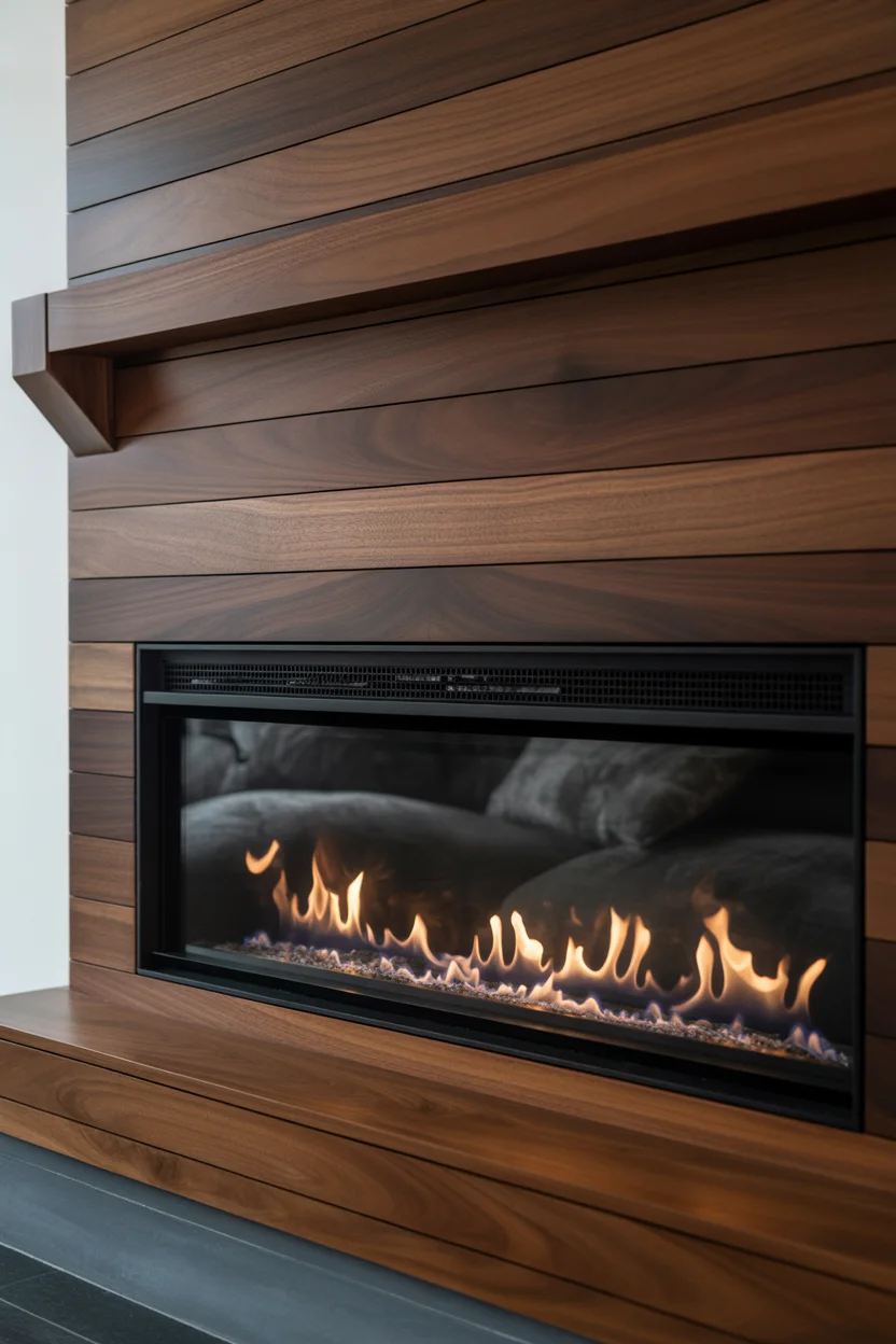 Rich Walnut Wood-Clad Modern Fireplace