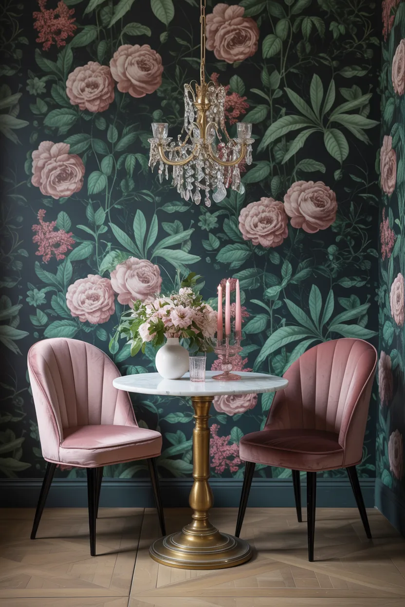 Romantic Dining Nook With Floral Wallpaper