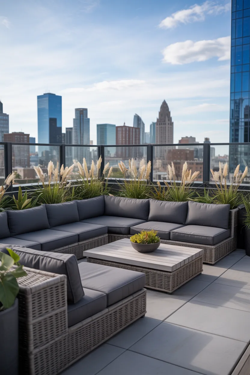 Rooftop Deck With City Views and Modern Furniture