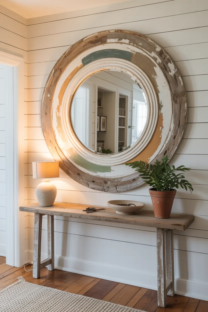 Round Mirror in Distressed Wood Frame