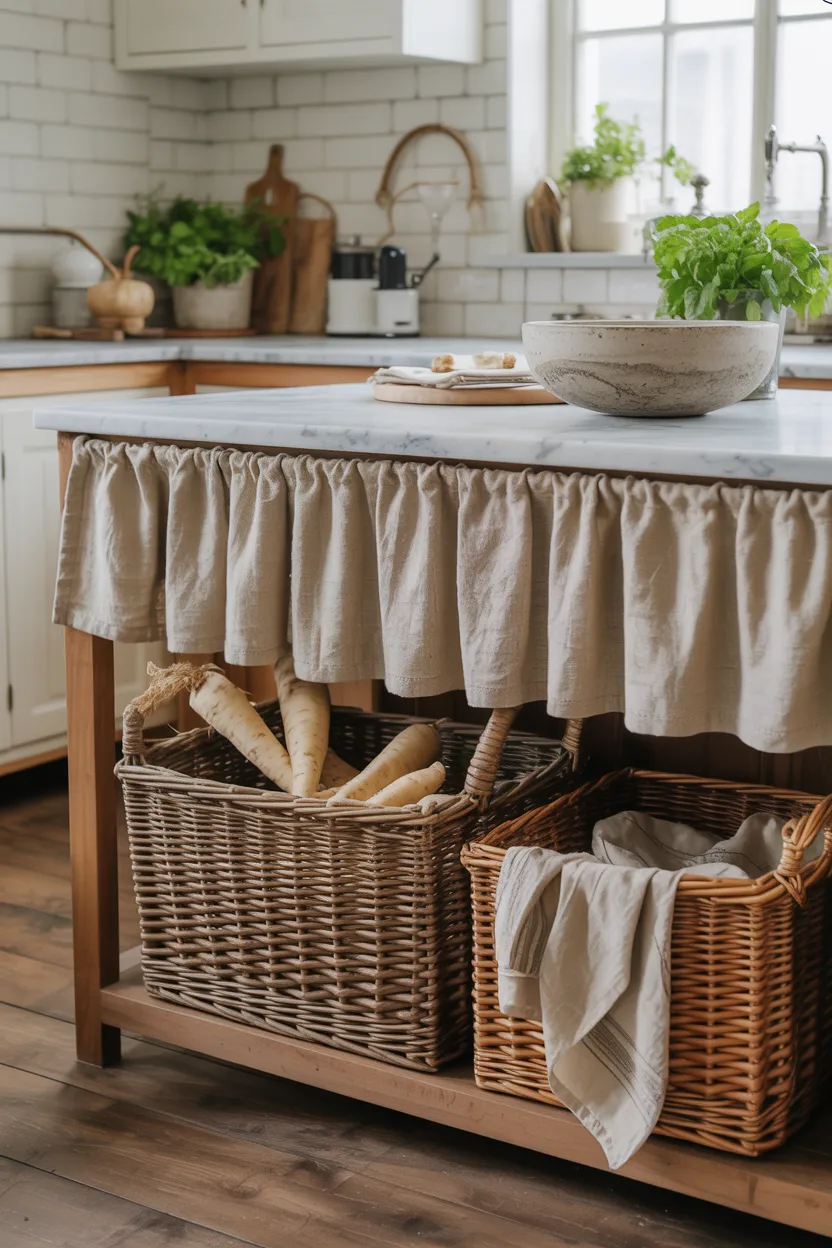 Wicker Basket Storage Under Island With Linen Skirts