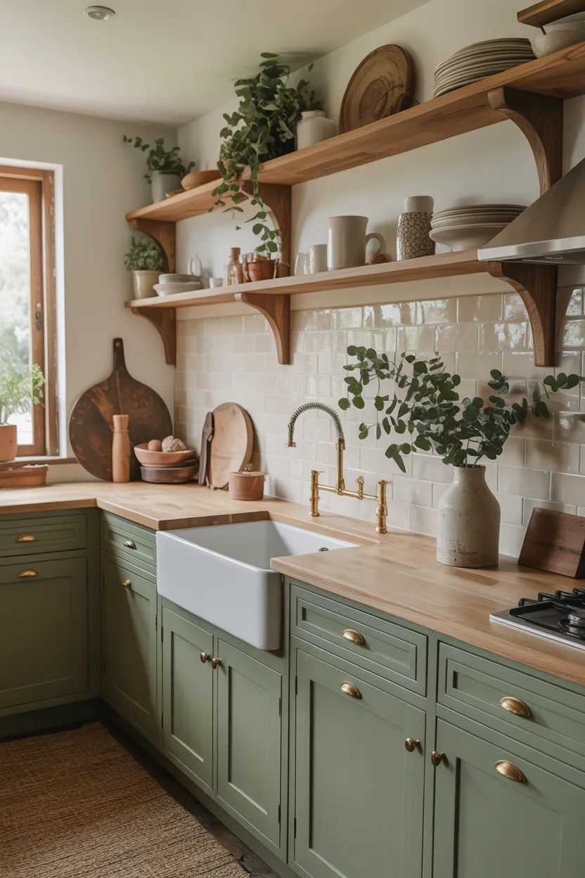 Sage Green Cabinets With Natural Wood Accents