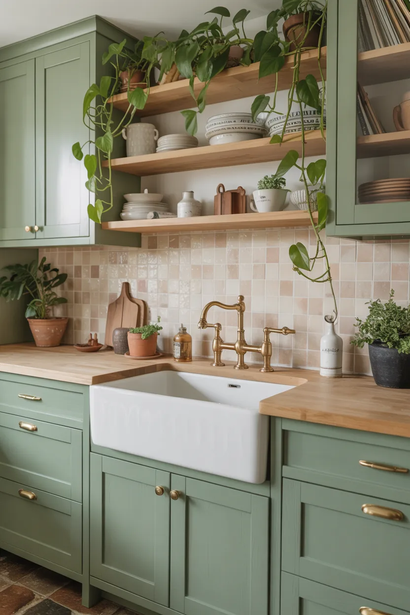 Sage Green Kitchen With White Farmhouse Sink