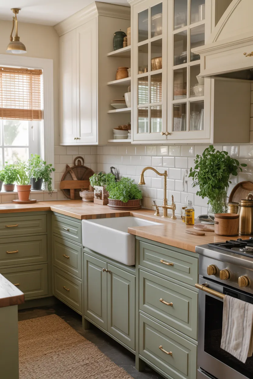 Sage Green Lowers With Cream Upper Cabinets