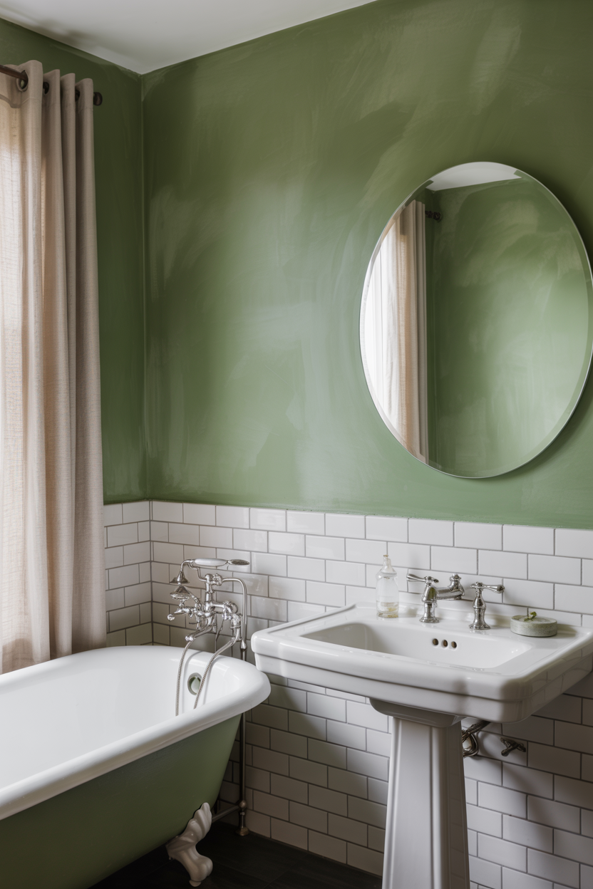 Sage Green Painted Walls With White Fixtures