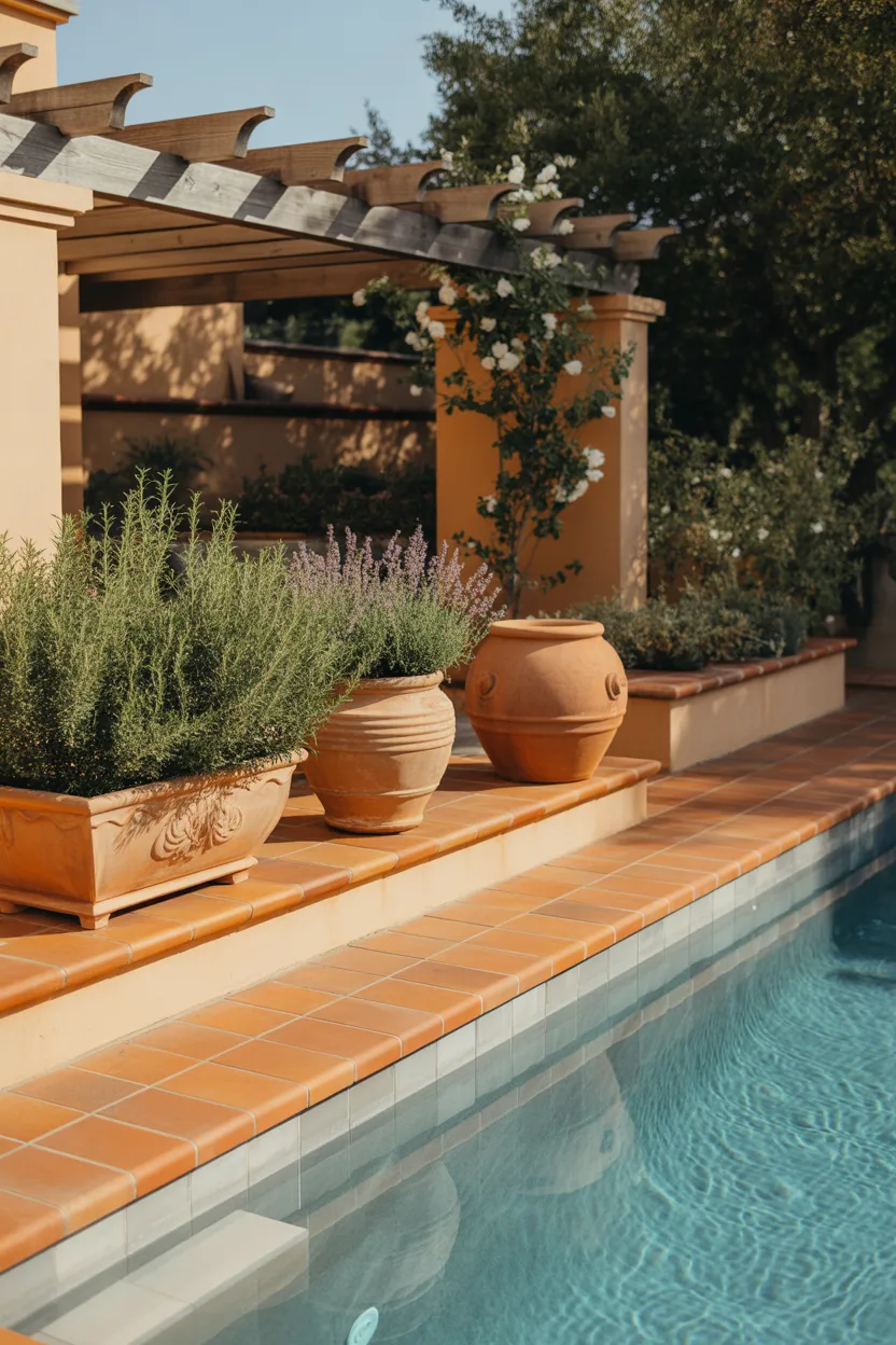 Sandstone Coping With Terracotta Waterline Tile