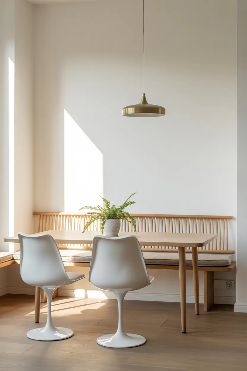 Scandinavian Dining Nook With White Walls and Wood Accents