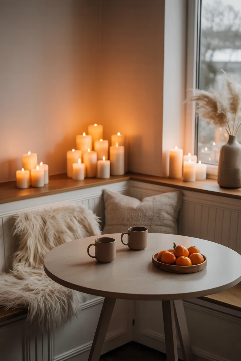 Scandinavian Hygge Nook With Candles and Faux Fur