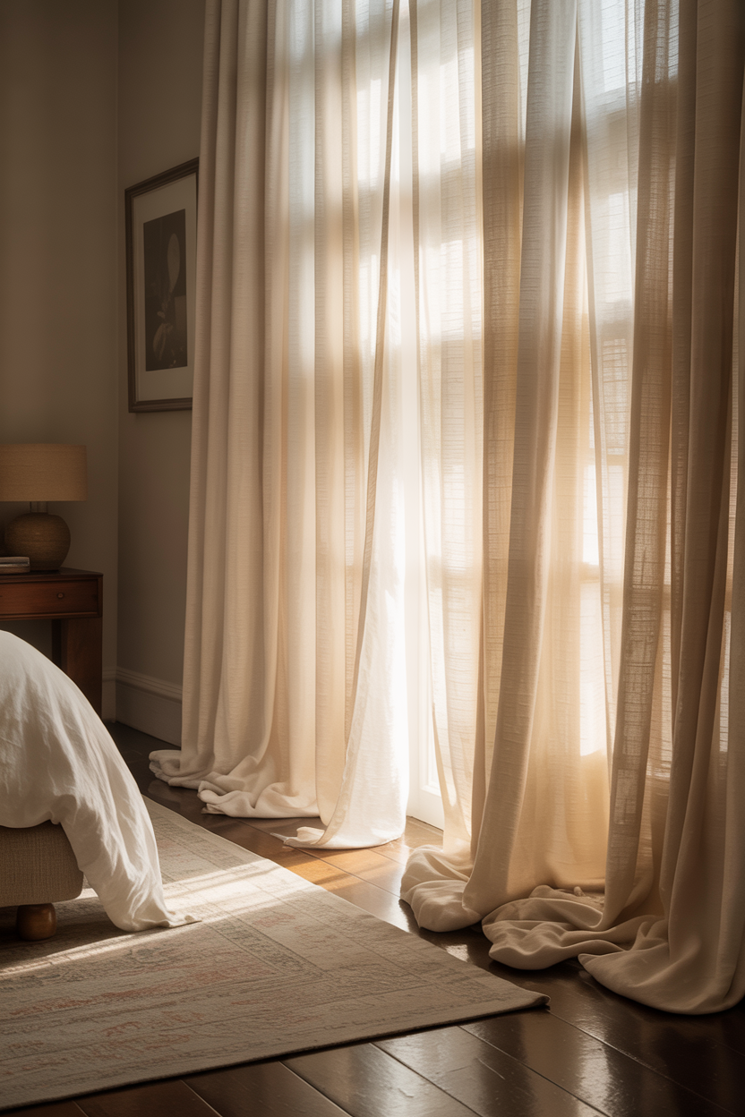 Sheer Linen Curtains Pooling on the Floor