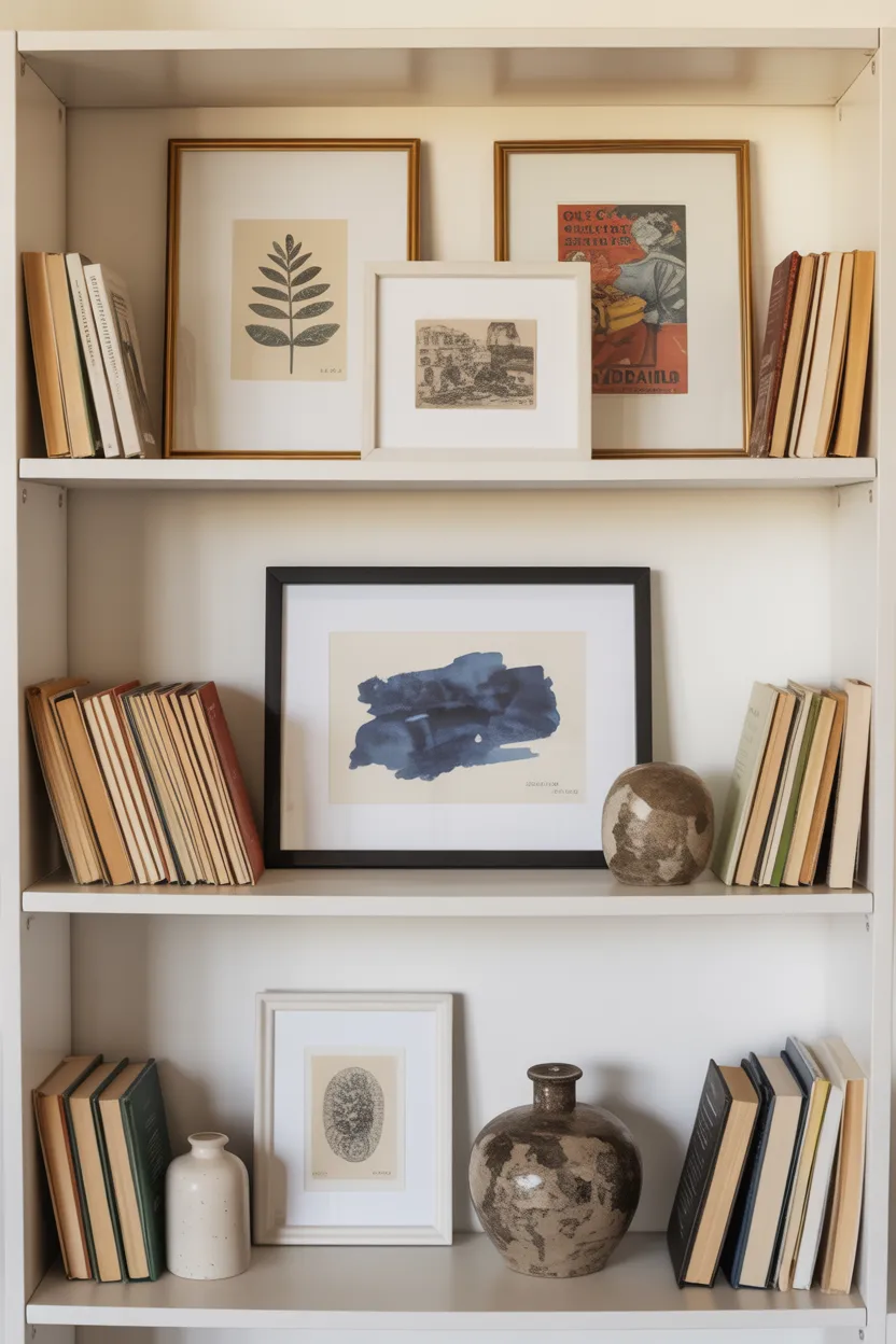 Shelf Styling With Framed Art Leaned Against the Back