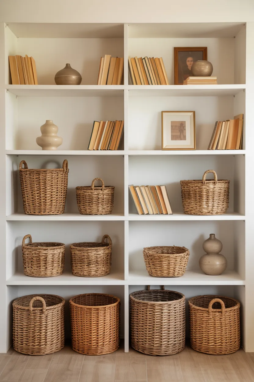 Shelf Styling With Woven Baskets for Concealed Storage