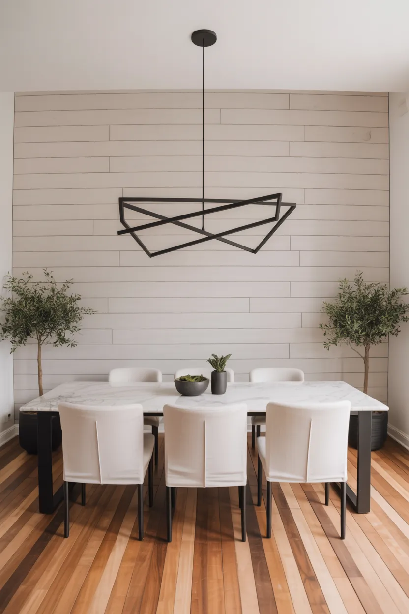 Shiplap Accent Wall With Modern Chandelier