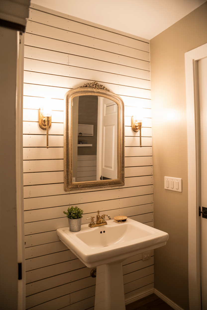 Shiplap Accent Wall With Vintage Mirror