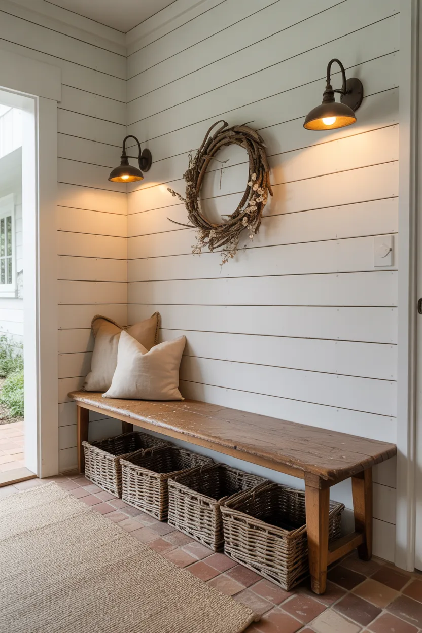 Shiplap Walls With Vintage Wood Bench