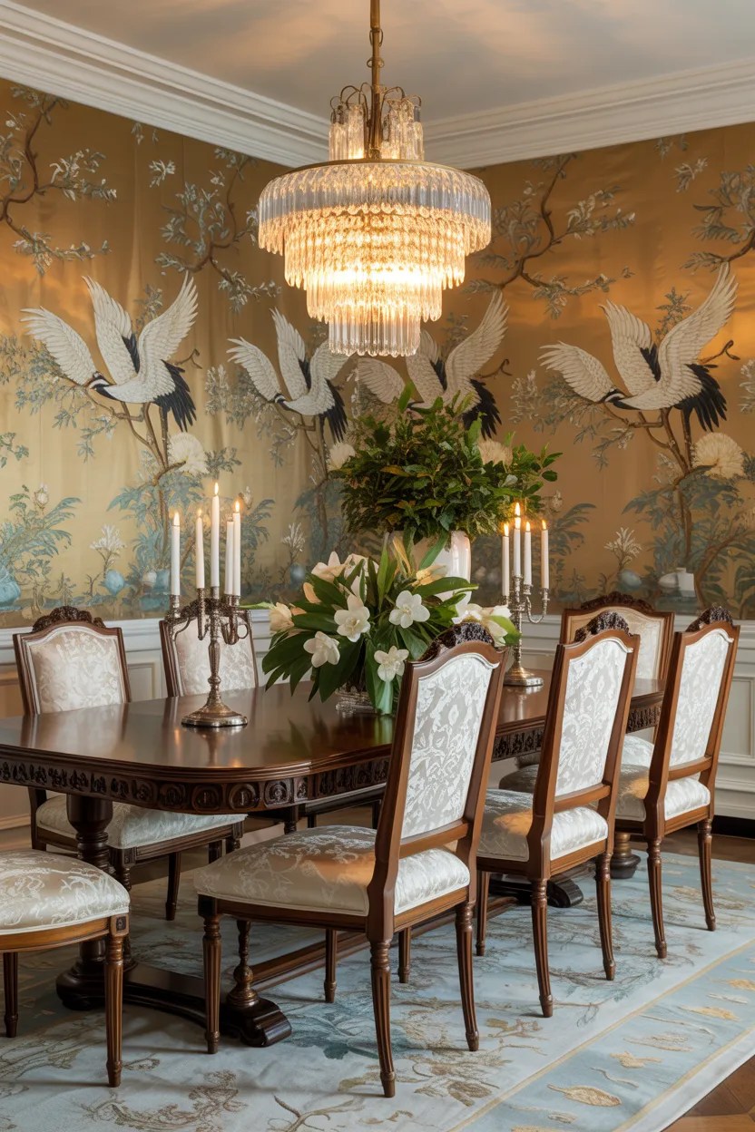 Silk Wallpaper With a Vintage Dining Table
