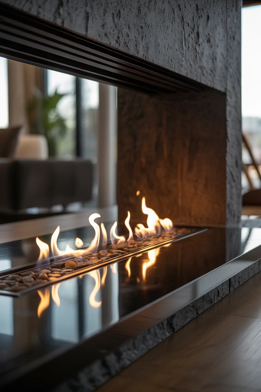 Sleek Black Granite Minimalist Fireplace