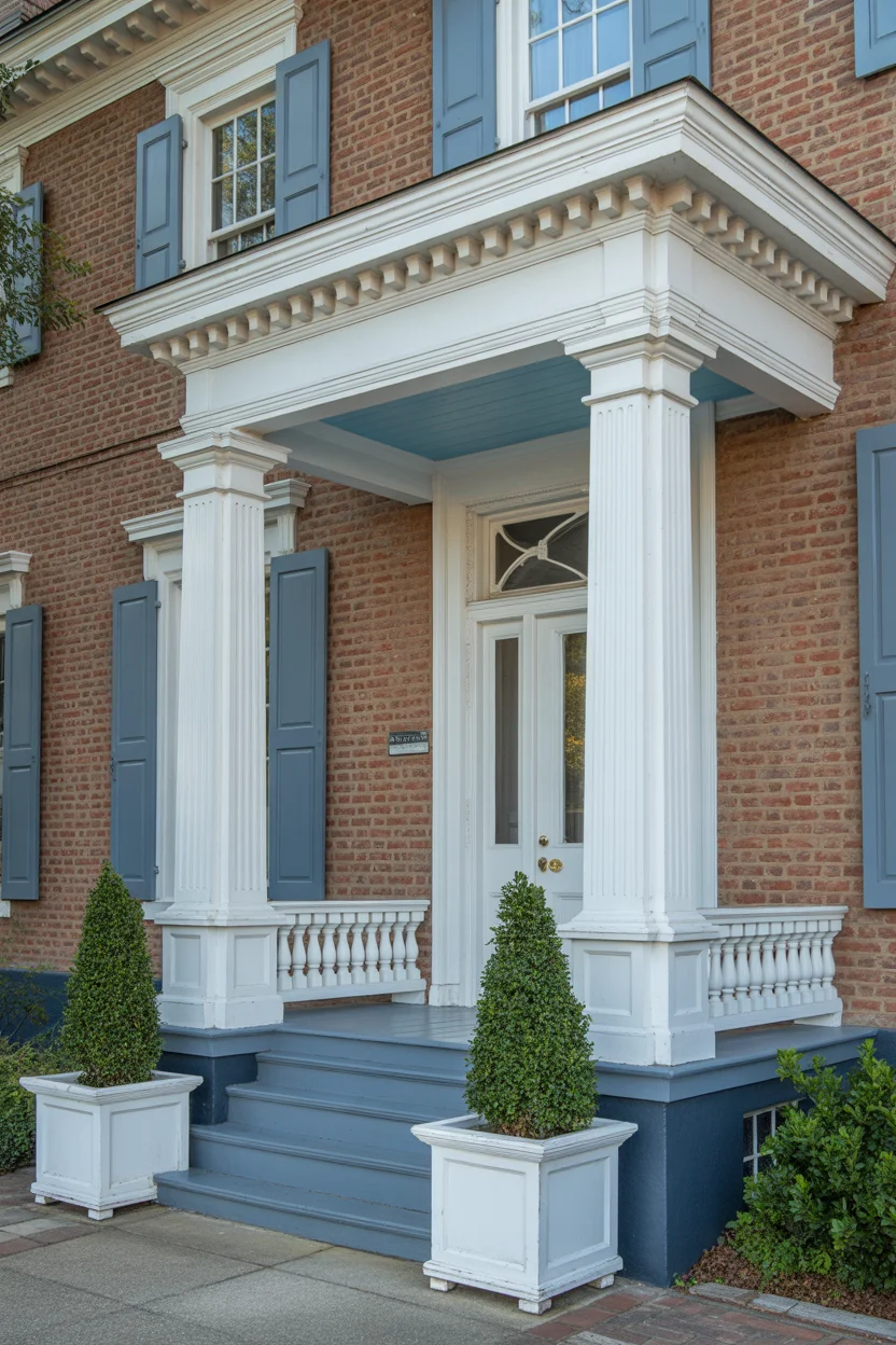 Soft Blue-Gray Trim With White Porch Details